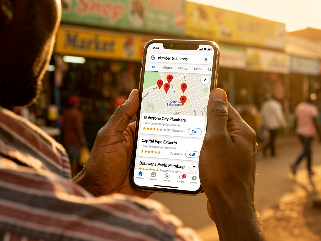 Google Maps search results showing local businesses in Gaborone on a smartphone screen