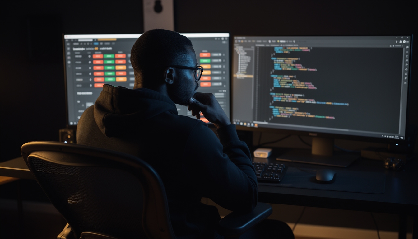 Developer reviewing technical SEO audit results on dual monitors